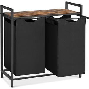 VASAGLE Laundry Hamper, Laundry Basket, Laundry Sorter with 2 Pull-Out and Removable Bags, Shelf, Metal Frame, 2 x 12.1 Gallons (46 L), 28.8 x 13 x 28.4 Inches, Ink Black and Rustic Brown UBLH201B01