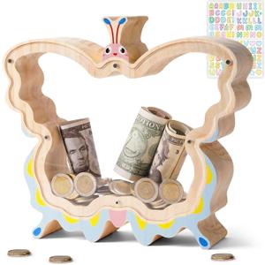 Wooden Butterfly Piggy Bank for Kids, Butterfly Money Box for Girls, Unbreakable Toddler Piggy Banks for Girls Boys, DIY Kids Coin Bank with Stickers, Easter, Birthday Gifts, Educational Toy (Large)