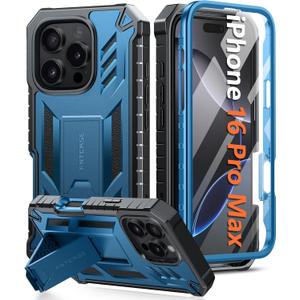 FNTCASE for iPhone 16 Pro-Max Case: Military Grade Drop Proof Protection Mobile Cover with Kickstand | Matte Textured Rugged Shockproof TPU | Protective Sturdy Phone Case - 6.9 inch Blue