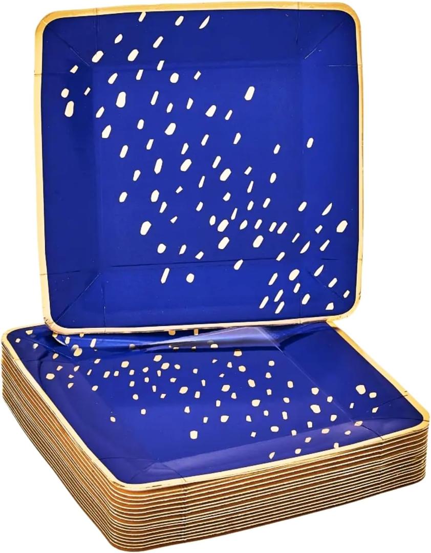 Silver Spoons Deco Collection Blue with Gold Square Disposable Paper Side Plates - 7" (Pack of 18) - Perfect for Weddings, Parties & Special Occasion