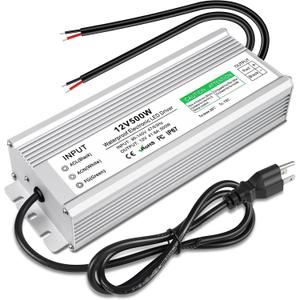 LED Driver 500 Watts 12V DC Low Voltage Transformer, Waterproof IP67 LED Power Supply, Adapter with 3-Prong Plug 3.3 Feet Cable for Any 12V DC led Lights, Computer Project, Outdoor Light