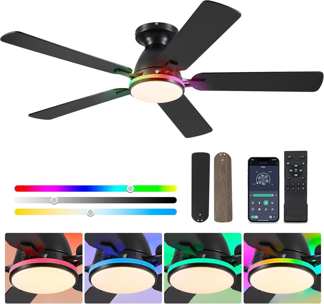Ceiling Fans with Lights- 52" RGB Low Profile Indoor Ceiling Fan with Light and Remote/APP Control, Flush Mount, LED Dimmable DC Reversible Modern Ceiling Fan for BedroomBlack