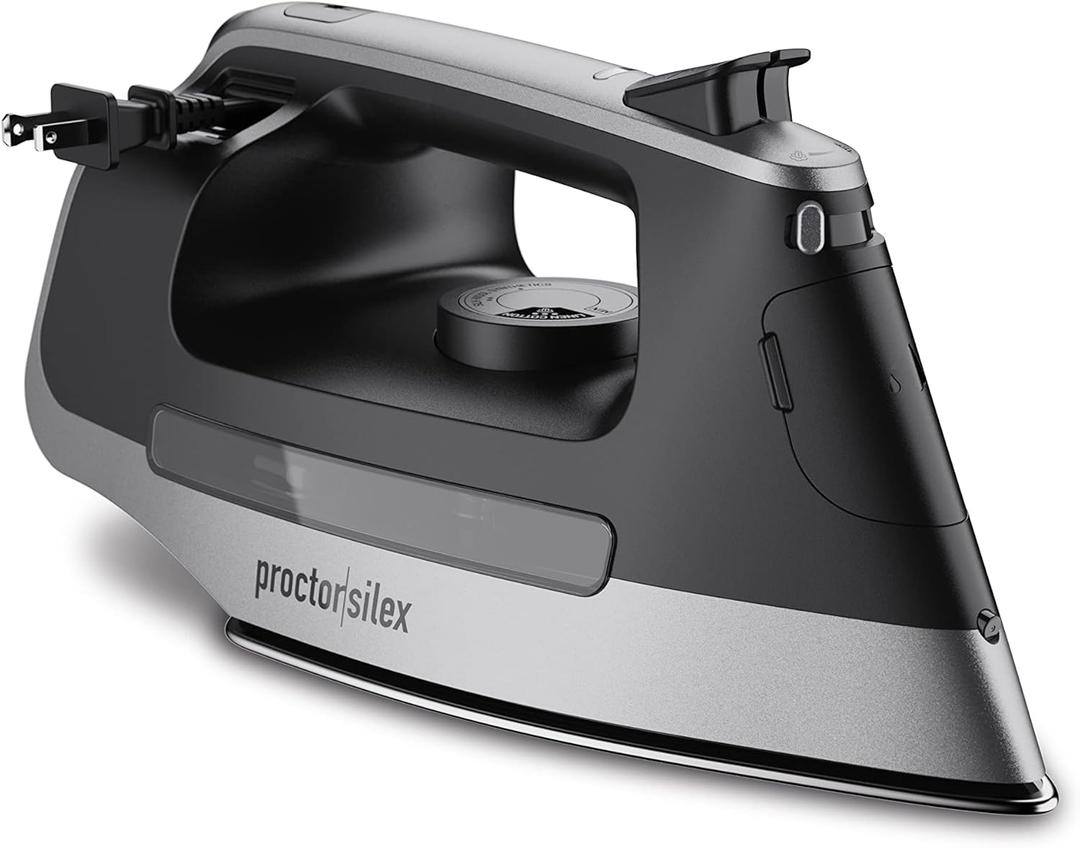 Proctor Silex Steam Iron for Clothes with Durable Stainless Steel Soleplate, 1500 Watts, 8’ Retractable Cord, 3-Way Auto Shutoff, Anti-Drip, Gray and Black