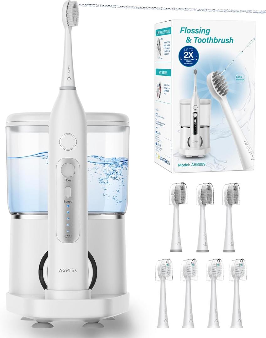 AGPTEK Toothbrush Flosser Combo, Electric Toothbrush and Water Flossing, 7 Brush Head, Portable Tube for Travel Use, 5 Adjustable Mode, 2 Charger Way, Detachable 500ml Water Reservoir, Muticolor