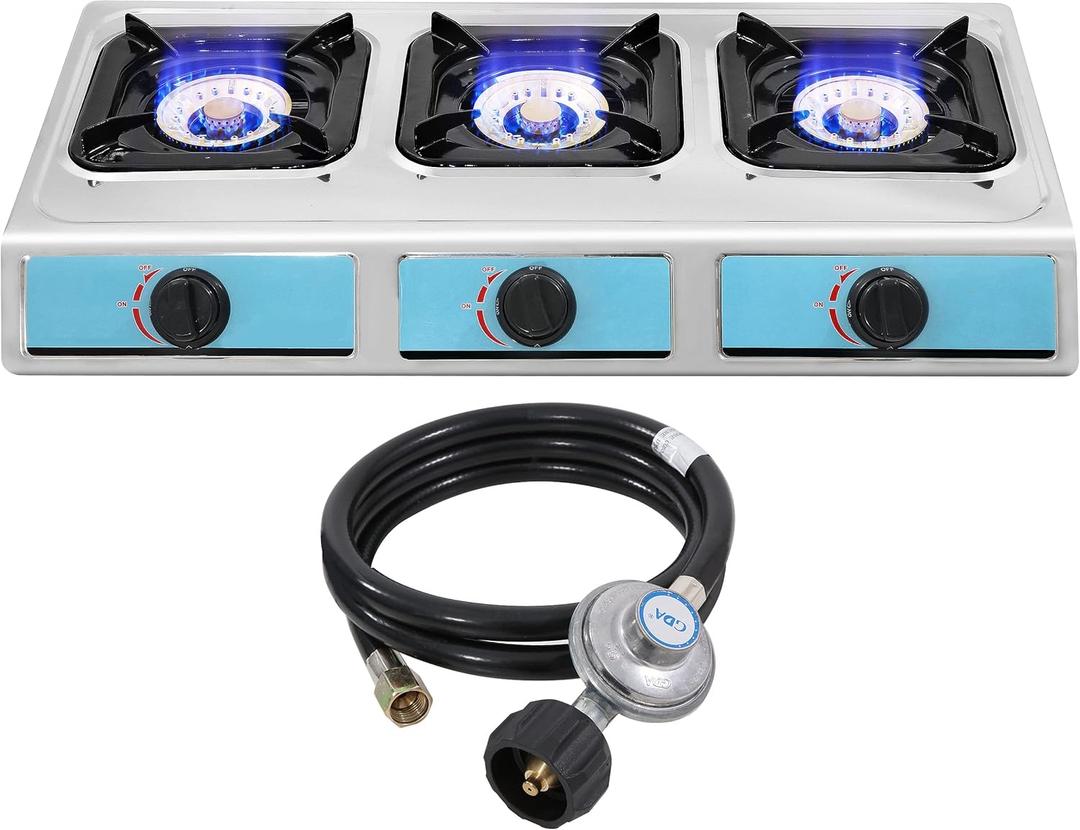 Stainless Steel 3 Burner Propane Gas Stove - Auto Ignition, Portable LPG for RV, Apartment, Outdoor