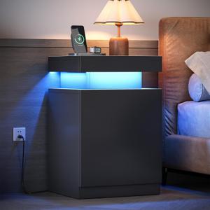 MXV Nightstand with LED Lights & Charging Station, Black Bedside Tables with USB Ports, Storage Cabinet & Drawers for Bedroom, Modern End Tables for Living Room (Black, 17.7)