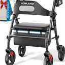 HOMLAND Foldable Rollator Walkers with Seat for Seniors, 8'' Big Wheels, 350 lb. Weight Capacity, Adjustable Handles and Seat Height, Lightweight Rolling Walker, Black