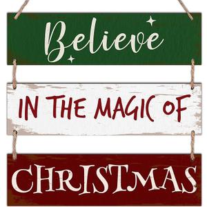 3Pcs Merry Christmas Hanging Sign With Rope -Believe In The Magic Of Christmas -Wooden Xmas Decor For Front Door Porch Decorations, Xmas Wall Decor And Accessories- A09