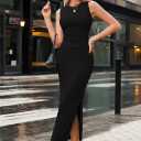 HUUSA Womens Two Piece Outfits Summer Bodycon Sleeveless Crewneck Crop Tank Tops Ribbed Split Long Skirt Dress Set (Black, S)