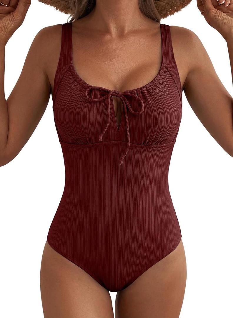 Aleumdr Womens Textured One Piece Swimsuit Tummy Control Bathing Suit Tie Knot Cutout Swimwear (Red, XXL)