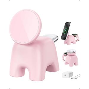 AOK-AOK Foldable Wireless Charging Station, 15W Magnetic Fast Charger Stand for iPhone 17 16 15 14 13 12 Pro Max&Apple Watch&Airpods, 2-in-1 Charger for Home/Office/Travel(30W Adapter Included) (Pink)