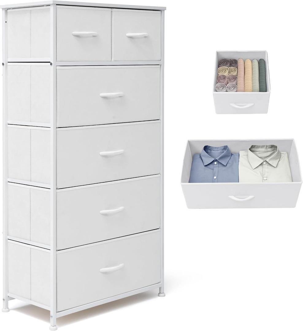 Fabric Dresser for Bedroom, Tall Skinny Dresser with 6 Drawers, Storage Organizer Tower, Steel Frame Wooden Top for Closet, Living Room, Hallway(White), 11.8"D x 23.2"W x 45.8"H