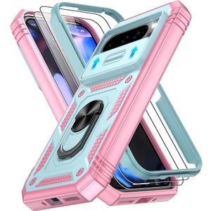 Phone Case for Google Pixel 9 Pro XL Case with with Slide Camera Cover | 2 Pack Screen Protector, Build in 360° Rotating Ring Kickstand, Military Grade Shockproof Protective, Green+Pink