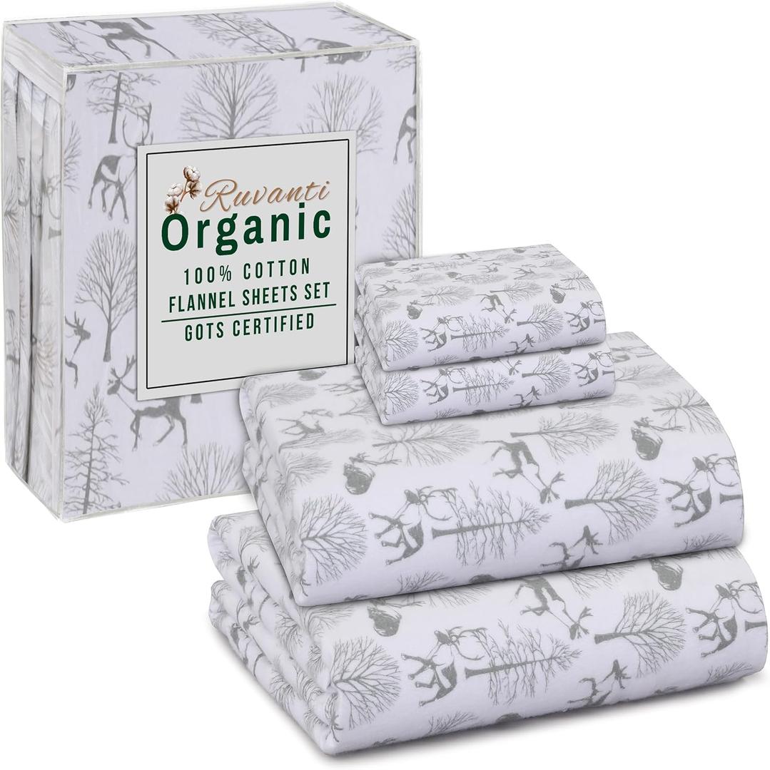 RUVANTI Flannel Sheets Full Size - GOTS Certified 100% Organic Cotton, 4 Piece Warm, Soft & Breathable Set, Deep Pocket Snug Fit, Double Brushed Cozy All Season Bedding, Reindeer Rush