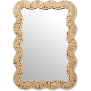 Junkin Boho Scalloped Rattan Mirror Decorative Natural Wicker Wall Mirror with Rattan Frame Boho Coastal Decor for Bathroom Living Room, Entryway Decor(Rectangle,10.4 x 15.8 in)
