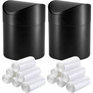2 Pcs Desk Trash Can with Swing Lids, 12 Rolls of Trash Bags, 2L Brushed Stainless Steel Countertop Garbage Bin Small Wastebasket with Lid for Office Desk, Coffee Table (Black)