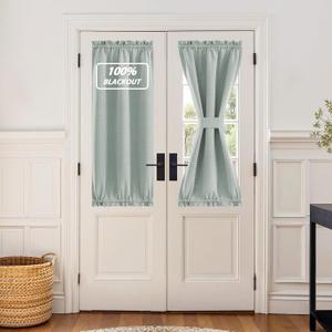NICETOWN 100% Blackout Linen Door Window Curtains for French Door, Room Darkening Short Thermal Insulated Blinds for Kitchen Glass Window, W 26 x L 50, 1 Panel, Greyish Green