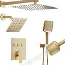 MONDAWE 12 Inch Wall Mounted Brushed Gold Shower System, 3-Function Shower Faucet Set with Rainfall Dual Shower Head and High Pressure 4-Setting Handheld, All Functions Can be Used At the Same Time