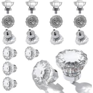 Glass Cabinet Knobs 16 Pack Crystal Vintage Knob for Kitchen Closet Dresser Cupboard Wardrobe, Clear Cabinets Hardwares Unique Decor Accessories with Screws Washers, Polished Chrome