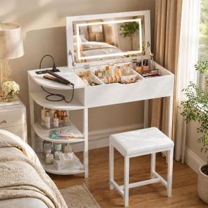 Cyclysio Vanity Desk with Flip Top Mirror and Lights, White, 37.6"