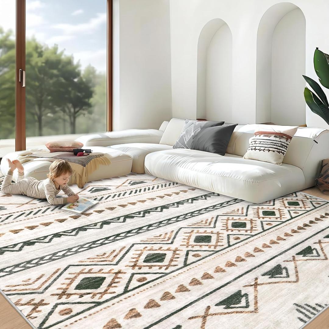 Area Rug Living Room Rugs 8x10 - Large Soft Boho Geometric Rug, Non-Slip Foldable Washable Rugs Non Shedding Modern Indoor Floor Carpet for Living Room Bedroom Office Dining Room(Brown Green,8'x10')