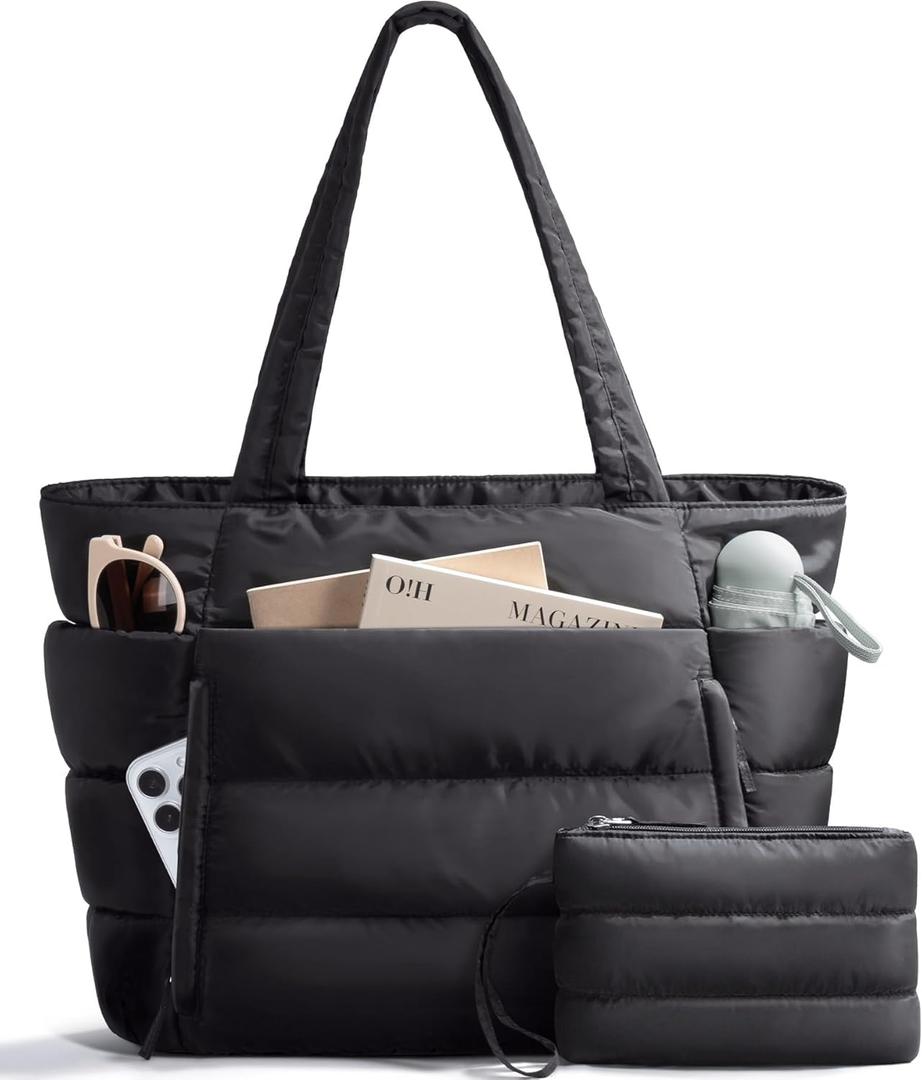 Puffer Tote Bag for Women, Lightweight Puffy Work Handbag Teacher Nurse Quilted Shoulder Bag for School Travel Gym | Cloud Bag w/ Zipper, Daily College Bags, 15.6" Computer Bag, Clinical Nursing Bag, 40 OZ Tumbler Holder, Ideal Gift for Women (Black)