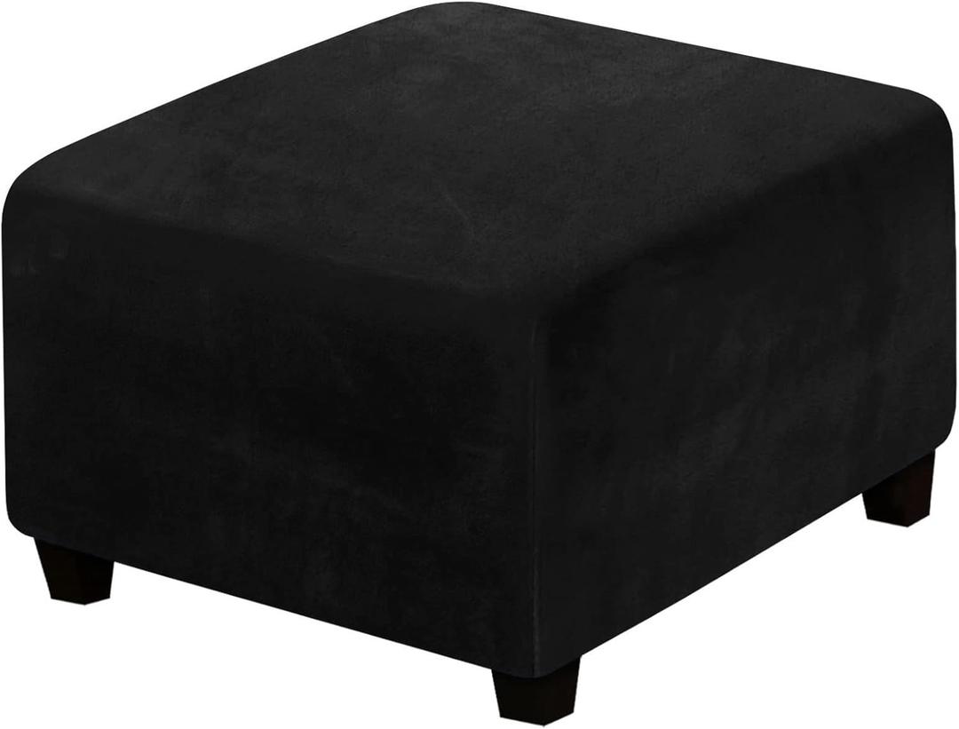 Velvet Ottoman Cover, Stretch Footstools Covers, Plush Foot Stool Slipcover, Removable Footrest Stool Sofa Slipcovers, Folding Storage Stool Furniture Protector for Living Room(Black,Square)