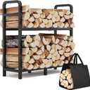 2-Tier Large Firewood Rack Outdoor Indoor with Log Carrier Bag, 30" Stable Log Holder Rustproof Metal Wood Rack for Fireplace Patio Deck Firepit, Heavy Duty Firewood Storage Organizer Tool (Black)