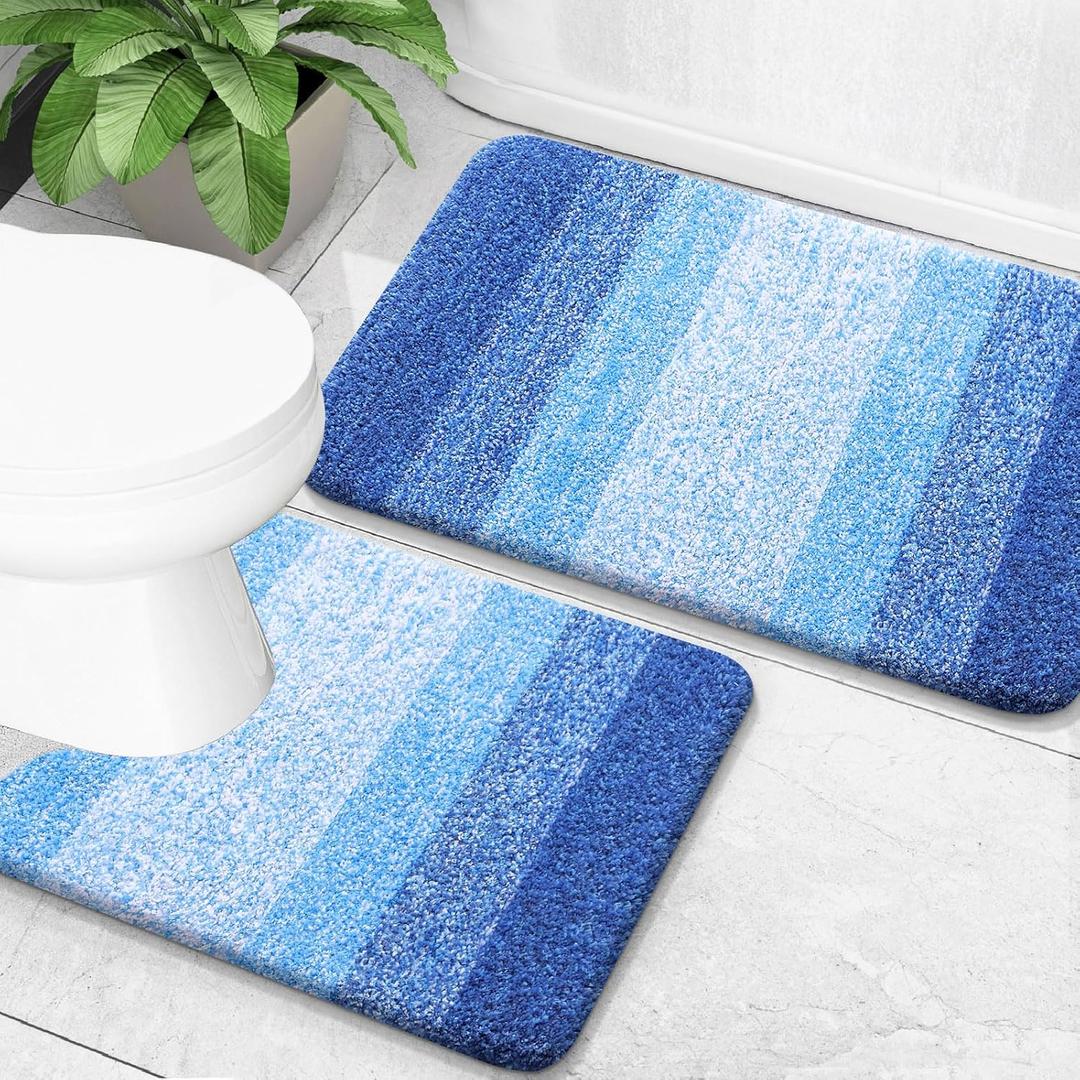 OLANLY Bathroom Rug Set 2 Piece, Soft Absorbent Microfiber Bath Mats and U-Shaped Contour Toilet Rug, Non-Slip, Machine Wash Dry, Shaggy Bath Mats for Bathroom (24"x16"+24"x20", Light Royal Blue)