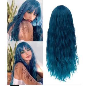 Netgo Teal Wig for Women, Dark Blue Wig with Bangs, Long Fluffy Curly Wavy Blue Hair Wigs Synthetic Daily Cosplay Party Wigs