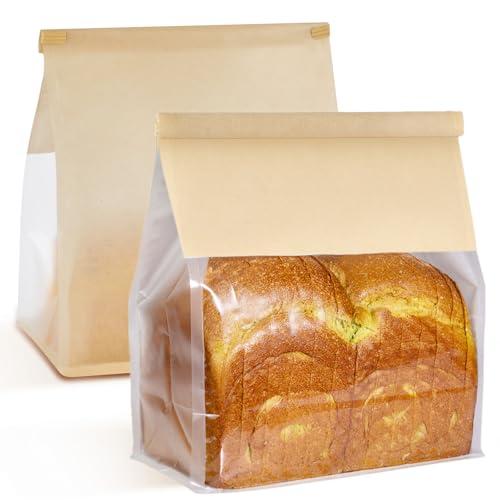 Ocmoiy 50Pcs Large Paper Bread Bags, Resealable Sourdough Bread Bags, Clear Front Tin Tie Tab Lock Bakery Storage Bag with Window Paper Treat Bag (8.7x4.3x11 Inch)
