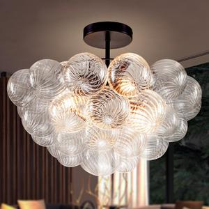 Hand Blown Glass Bubble Ball Chandelier Black Finish 20" Semi Flush Mount Ceiling Light Fixture Art Deco Cluster Ribbed Glass Globe Chandeliers Lighting for Dining Room Entry Living Bedroom