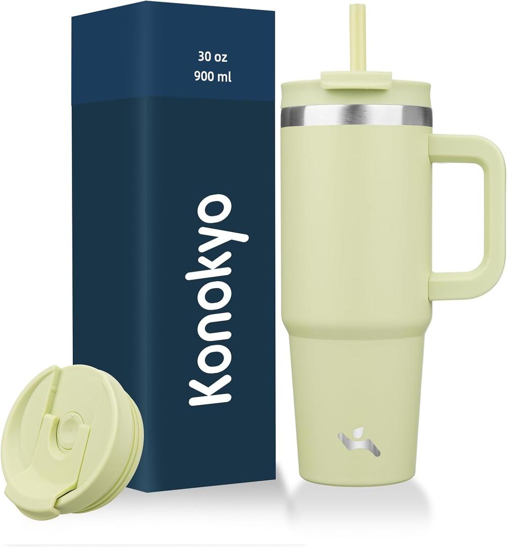 Konokyo 30 oz Tumbler with Handle and 2 Straws,2 in 1 Lid Insulated Water Bottle Stainless Steel Travel Coffee Mug,Macaron Green