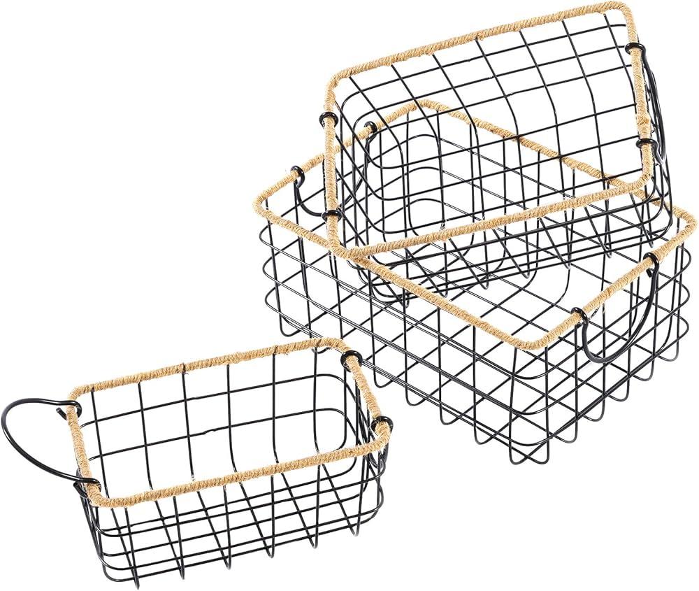 Metal Wire Storage Shelf Baskets with Handles (Black with Jute, Set of 3) | Decorative Storage Baskets 17'*11' ,14'*10' ,12'* 8'