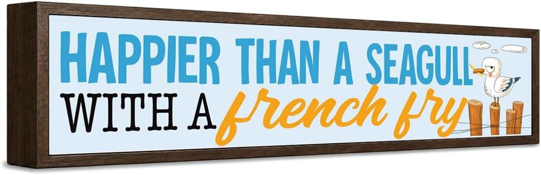 Beach Decor, Happier Than A Seagull Sign, Wall Art, Summer Wood Decorations for Beachy House, Shelf, Farmhouse Front Door Decor, Cute Gifts, Housewarming Gift, Summer Decoration for Home, 14.9x3.3 inches