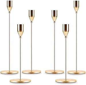Gold Taper Candle Holder Set of 6, Brass Gold Tall Candlestick Holders, Metal Vintage Candle Stickers Long Holder Set, Pillar Decorative Candle Holder Fits 3/ 4 Inch Candle