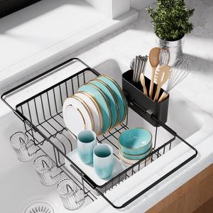 Dish Drying Rack in Sink - Expandable Stainless Steel Dish Rack Over The Sink, Kitchen Sink Drain Strainer with Cutlery Holder & Cup Holders, 15.4 x 11.3 x 6.6 Inch, Black