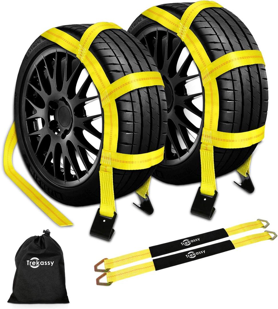 Trekassy Tow Dolly Straps for Car with Flat Hooks-2 Pack, Heavy Duty Car Tire Bonnet Net Fits 14"-17" Tires, 10, 000 lbs Break Strength, Includes 2 Axle Straps