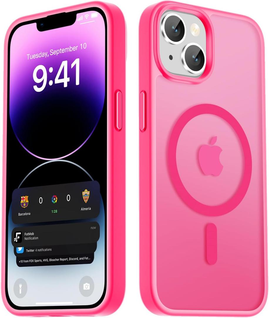 2 x LATVIN for iPhone 14 Case & iPhone 13 Case, Magnetic Phone Cover, Compatible with MagSafe, Military Grade Protection, Translucent Matte Frosted Back, Hot Pink