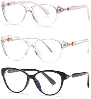 PEYEOISD Pack of 3 Fashion Cat Eye Reading Glasses Women, Ladies Cateye Anti Blue Light Readers, Cute Anti Glare/UV Eyeglasses