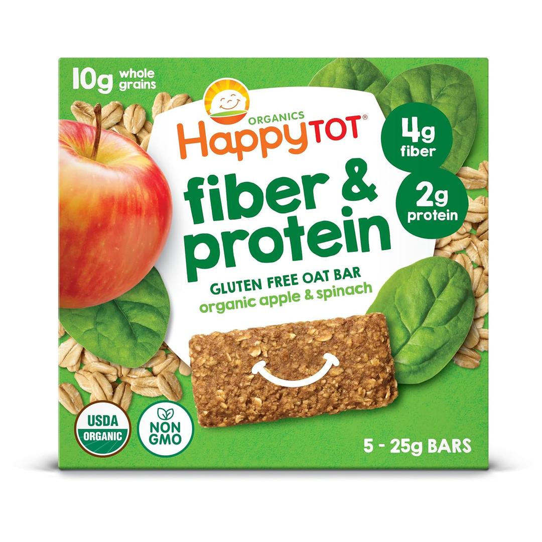HAPPYTOT Organics Fiber & Protein Soft-Baked Oat Bars Toddler Snack Apple & Spinach, 0.88 Ounce Bars, 5 Count Box (Pack of 6) (EXP 01/26/27)