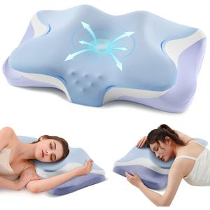 Cervical Pillow for Neck Pain Relief - Cooling Ergonomic Memory Foam Pillows for Sleeping, Contour Neck Support Pillow for Side, Back, Stomach Sleepers with Anti-pilling Pillowcase Queen Size-Ice Blue