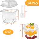 Dicunoy 50 Pack Plastic Dessert Cups with Lids and Spoons, 12 Oz Square Clear Cake Containers for Yogurt, Parfait, Pudding, Fruit, Mousse, Strawberry Shortcake, Event and Party
