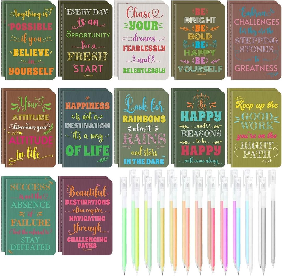 24 Pcs Mini Inspirational Notebooks Bulk with 24 Pcs Colorful Pens, Small Pocket Journal Notepads Set, Motivational Bulk Gifts for Women Men Teacher Student, Fun School Office Supplies, 3.5" x 5.5"