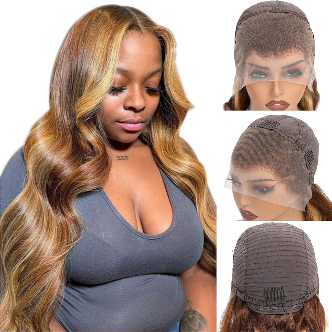 Aaliweya 13x4 Highlight Ombre Lace Front Wigs Human Hair 28inch 4/27 Honey Blonde Body Wave HD Transparent Lace Frontal Wig for Women 180% Density Glueless Wig Full and Thick Super Soft