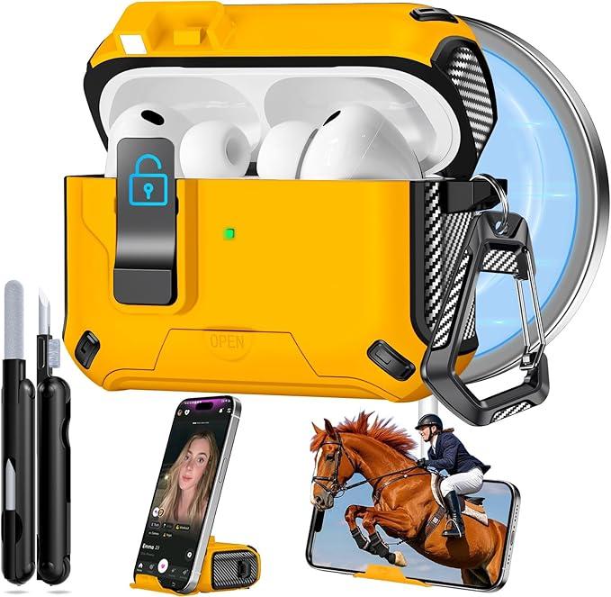 for AirPods Pro 3 Case 2025, Safety Lock & Hidden Phone Stand Design for Apple AirPods Pro 3rd Generation Case Cover with Cleaner Keychain for Men Women, Compatible with MagSafe, Yellow