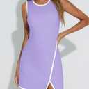 Fisoew Women's Workout Tennis Dress with Built-in Bra & Shorts Pockets Sleeveless Crewneck Golf Athletic Mini Dresses (Purple, XL)