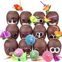 NINU 12 Pack Coconut Cups with 12 Straws 12 Cocktail Drink Picks and 12 stickers, DIY Tropical Hawaiian Luau Tiki and Beach Party Decorations for Kids and Adults
