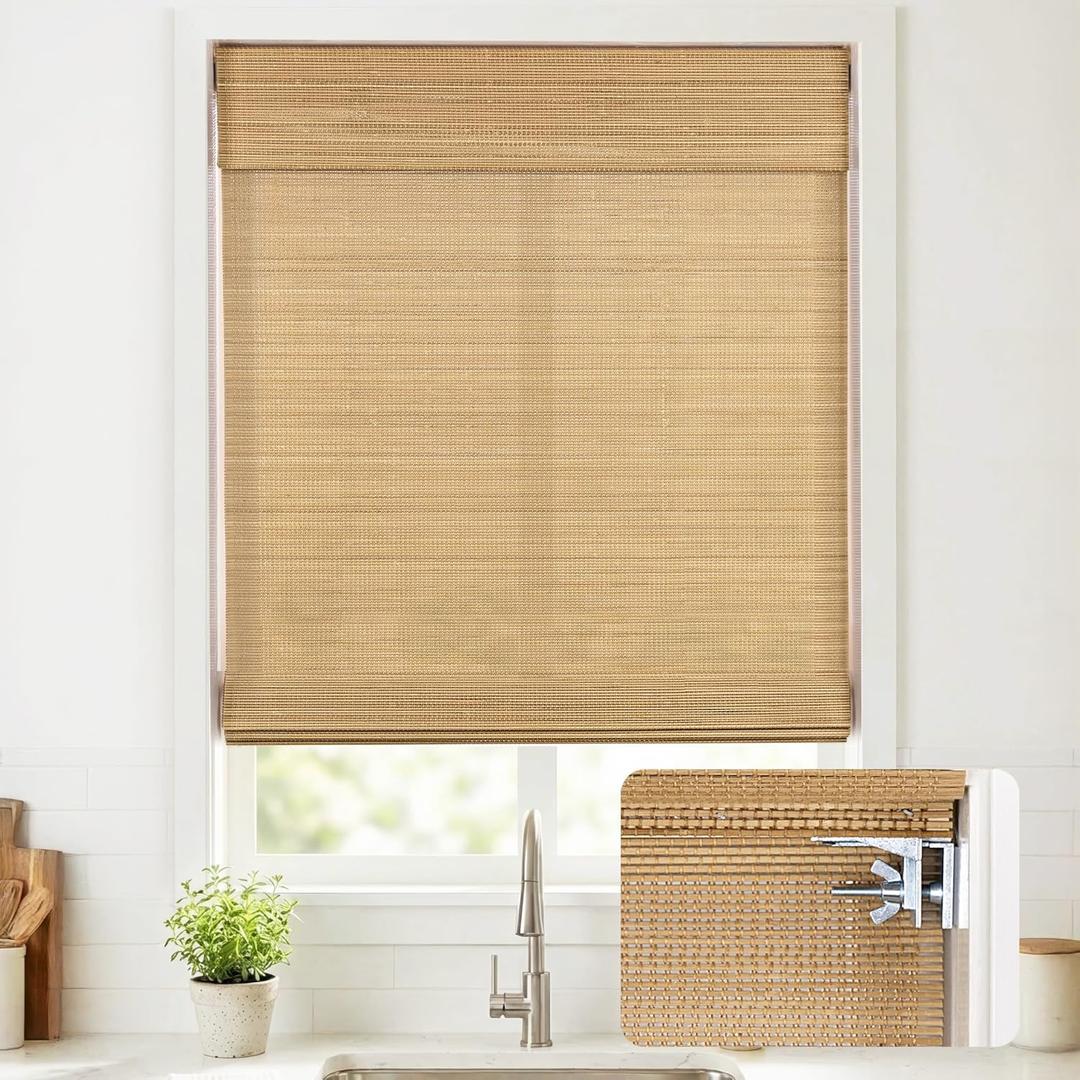 UNISHADES No Drill Cordless Bamboo Roman Shades, Light Filtering Woven Natural Bamboo Window Covering, Easy Install Roman Style Shade, for Window Size 26" W 64" H - Carbonized
