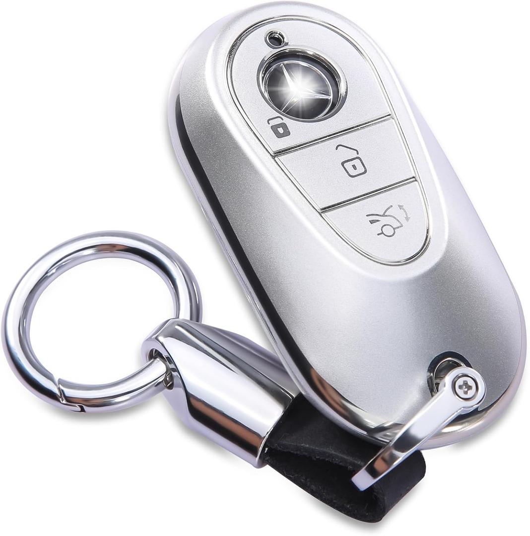 Compatible with Mercedes Benz Key fob Cover Keychain for 2021 2022 2023 2024 2025 E/C/S-Class EQE/EQS/GLC/Maybach 300/350/400/450/500/560/600/680/63/53 Silver Accessoires